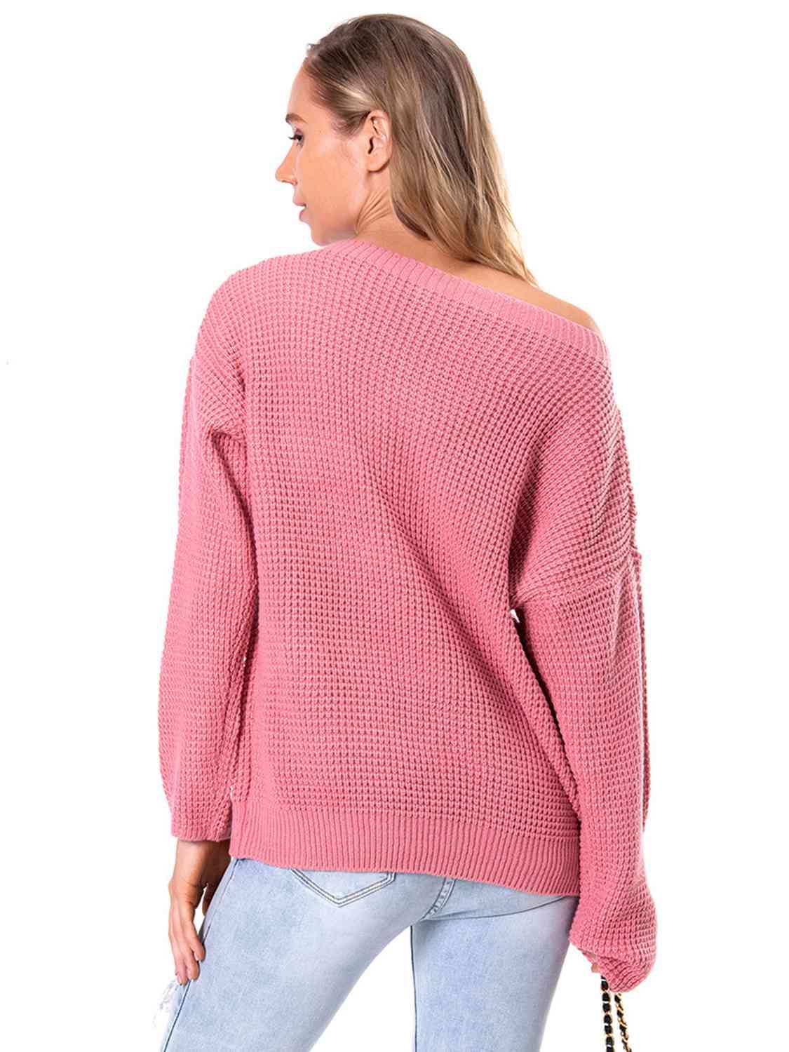 Boat Neck Drop Shoulder Long Sleeve Sweater - Trendsi