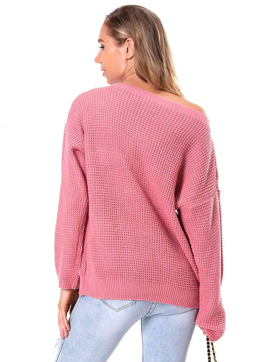 Boat Neck Drop Shoulder Long Sleeve Sweater - Trendsi
