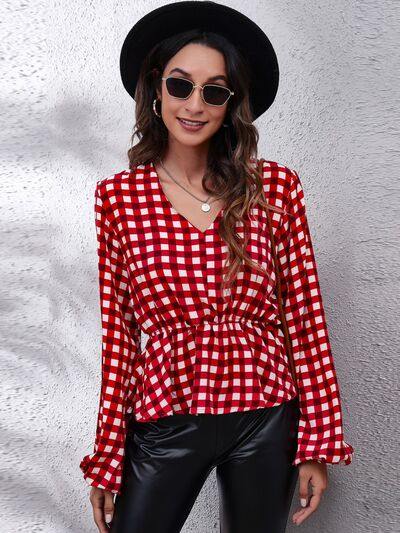 Plaid V-Neck Balloon Sleeve Peplum Blouse - Trendsi
