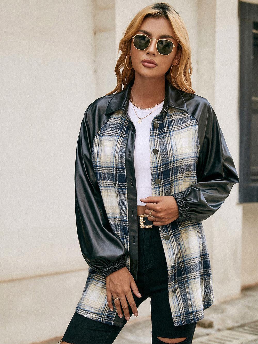 Plaid Button Down Raglan Sleeve Jacket - Trendsi