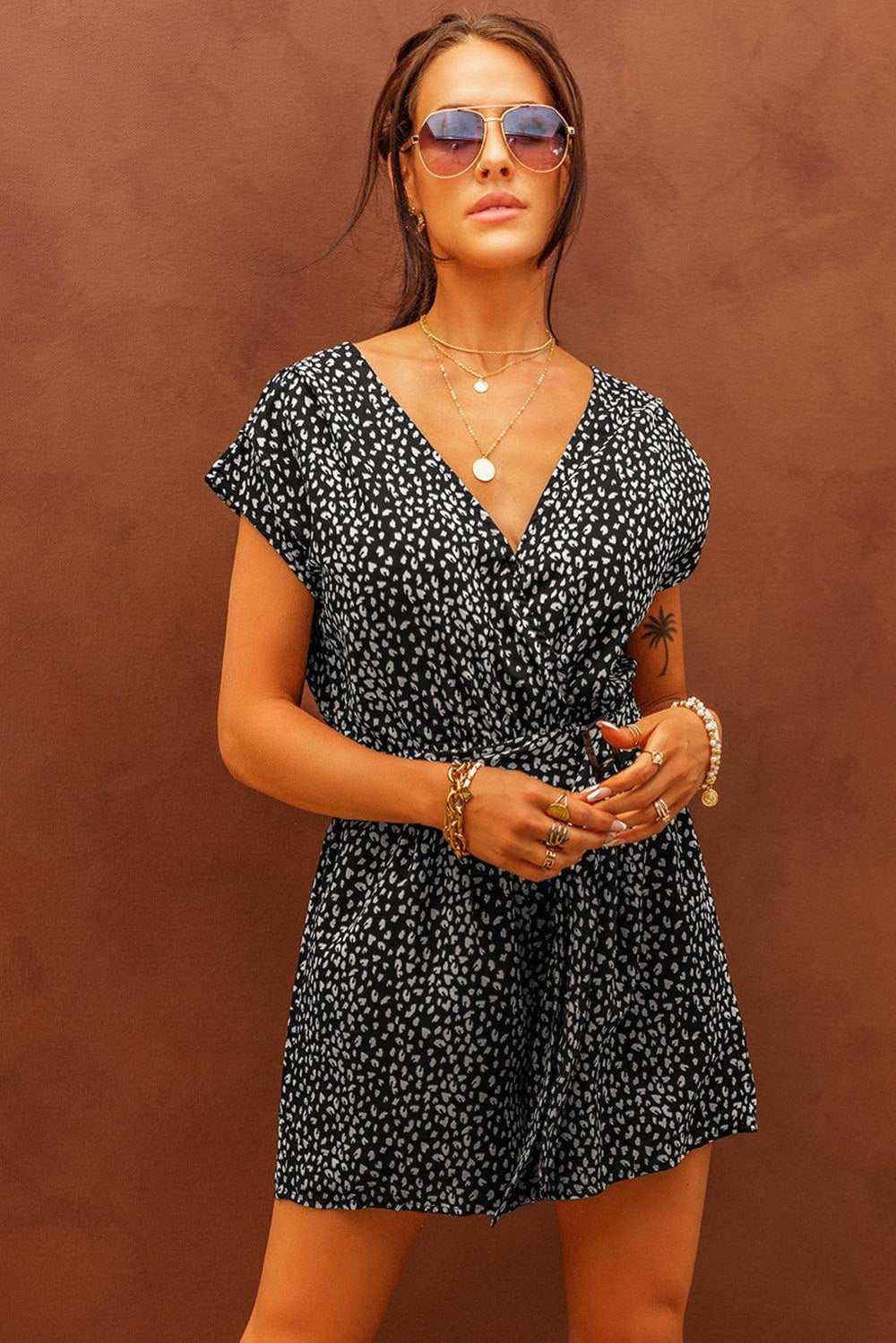 Printed Short Sleeve Romper with Belt - Trendsi