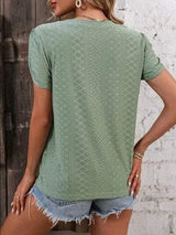 Eyelet V-Neck Petal Sleeve T-Shirt - Trendsi - Flyclothing LLC