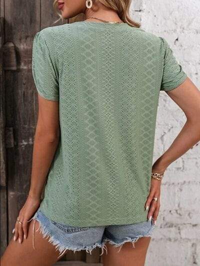 Eyelet V-Neck Petal Sleeve T-Shirt - Trendsi - Flyclothing LLC