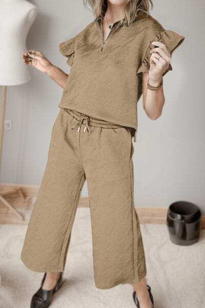 Ruffled Quarter Zip Top and Drawstring Pants Set - Trendsi - Flyclothing LLC