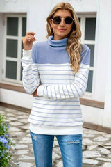 Striped Contrast Turtleneck Sweater - Flyclothing LLC