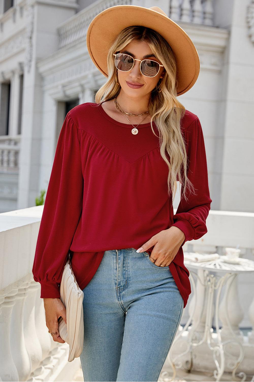 Round Neck Long Sleeve Top - Trendsi
