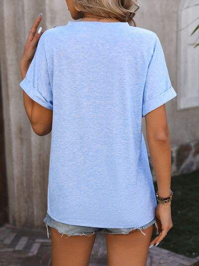 Notched Buttoned Short Sleeve T-Shirt - Trendsi - Flyclothing LLC