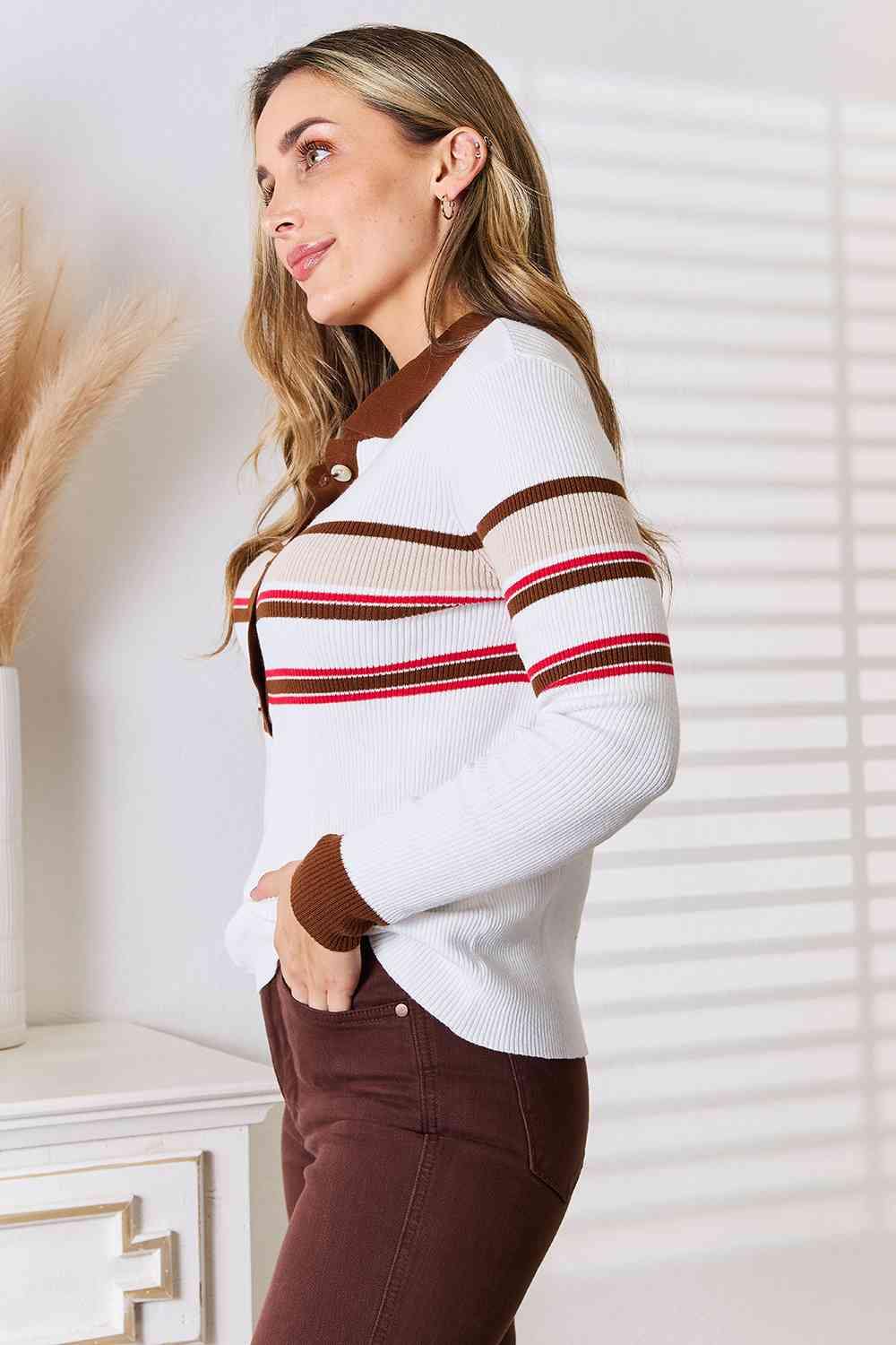Basic Bae Striped Collared Neck Rib-Knit Top - Trendsi