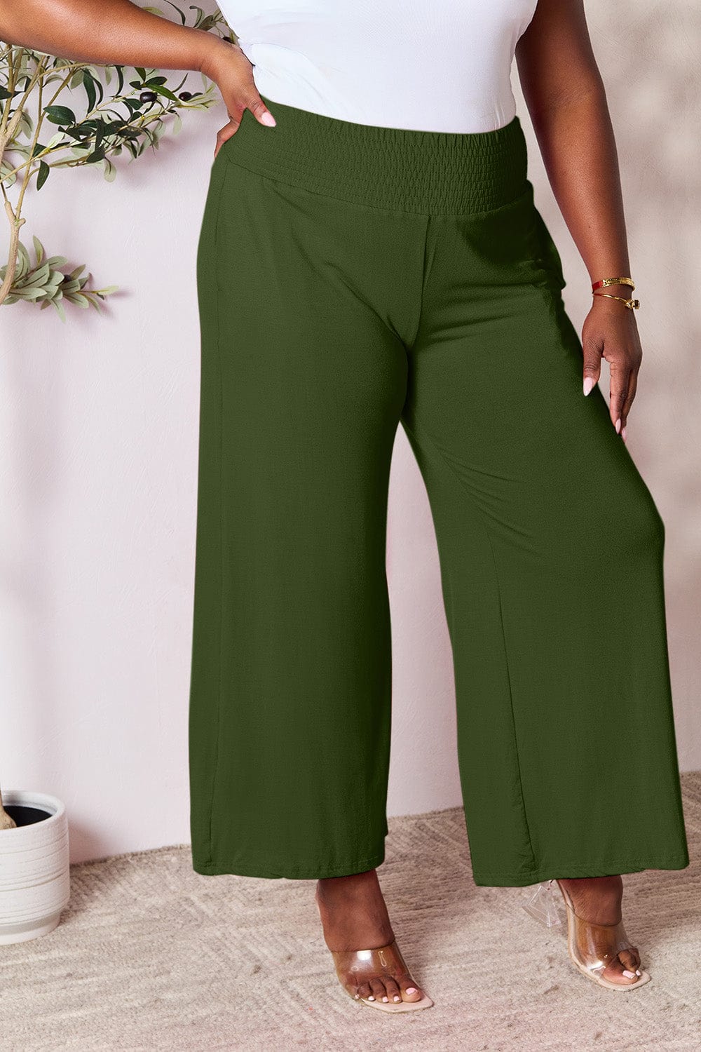 Double Take Full Size Smocked Wide Waistband Wide Leg Pants - Trendsi