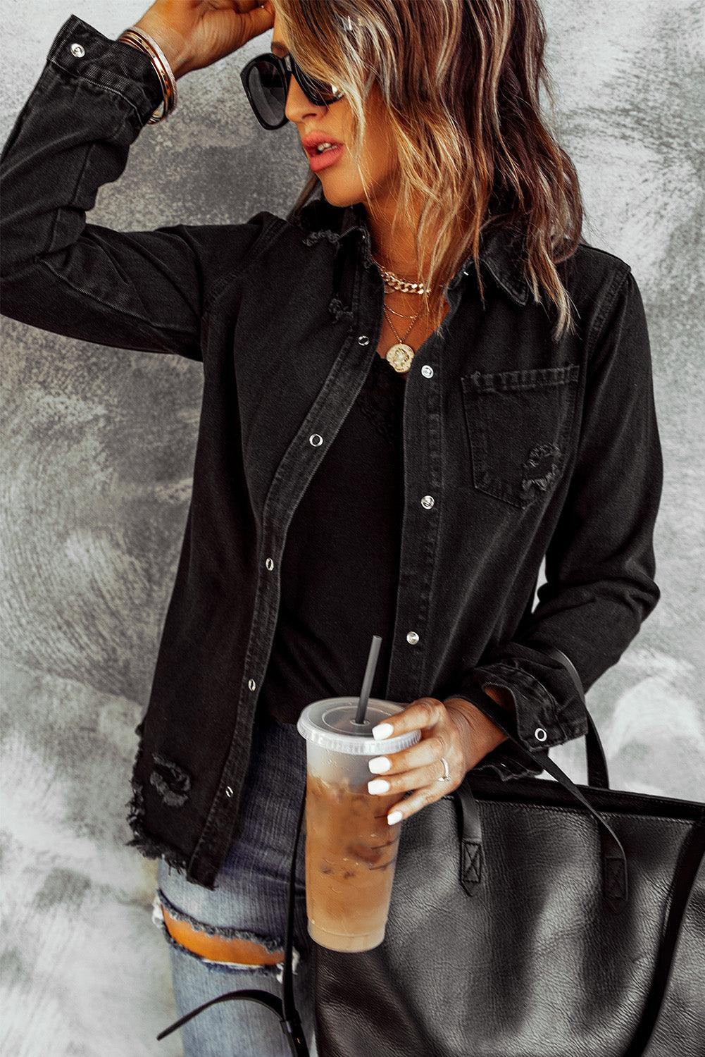 Distressed Snap Down Denim Jacket - Trendsi