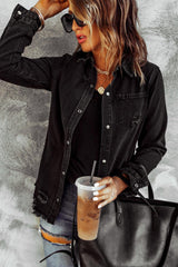 Distressed Snap Down Denim Jacket - Trendsi