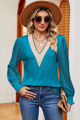 Openwork V-Neck Long Sleeve T-Shirt - Trendsi - Flyclothing LLC