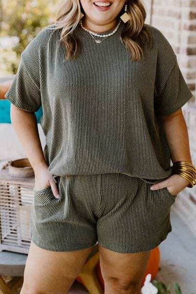 Plus Size Round Neck Top and Pocketed Shorts Set - Trendsi - Flyclothing LLC