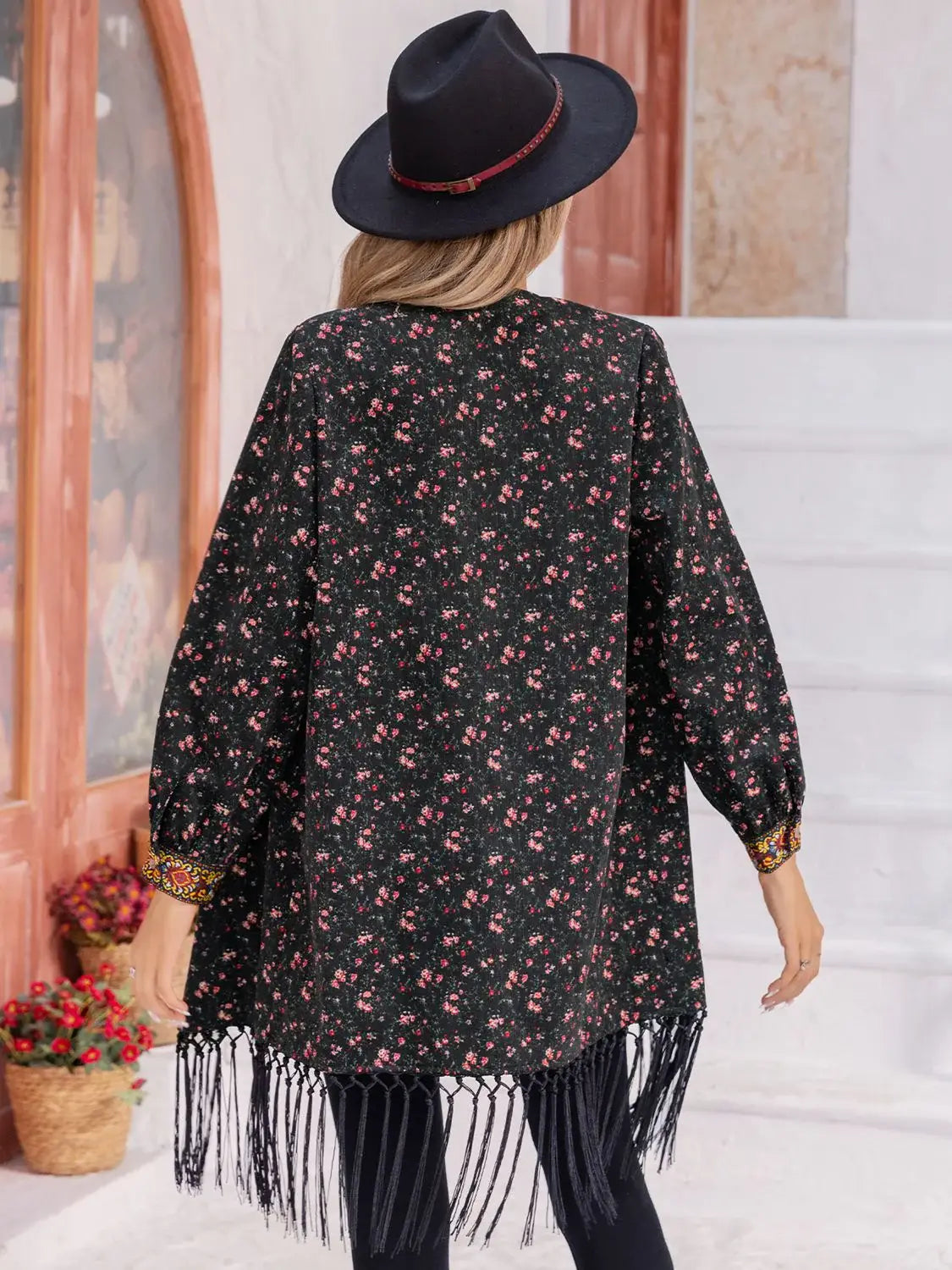 Printed Fringe Detail Cardigan - Trendsi - Flyclothing LLC