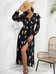 Printed Tie Front Ruffle Trim Long Sleeve Dress - Trendsi