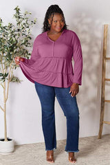 Double Take Half Button Long Sleeve Ruffle Hem Blouse - Trendsi - Flyclothing LLC