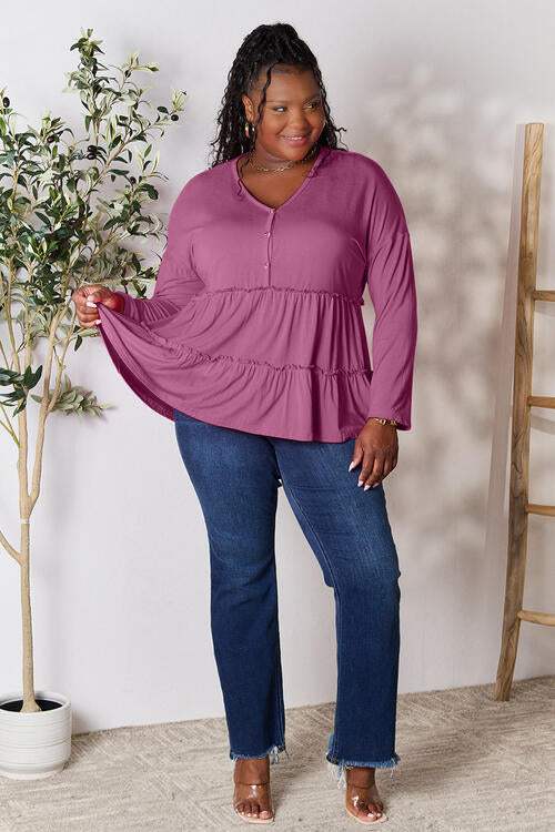 Double Take Half Button Long Sleeve Ruffle Hem Blouse - Trendsi - Flyclothing LLC