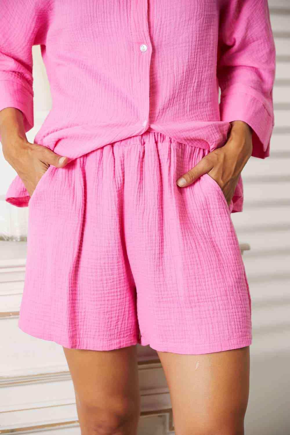 Double Take Textured Shirt and Elastic Waist Shorts Set - Trendsi - Flyclothing LLC
