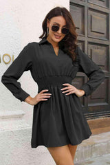 Johnny Collar Smocked Waist Long Sleeve Mini Dress - Trendsi