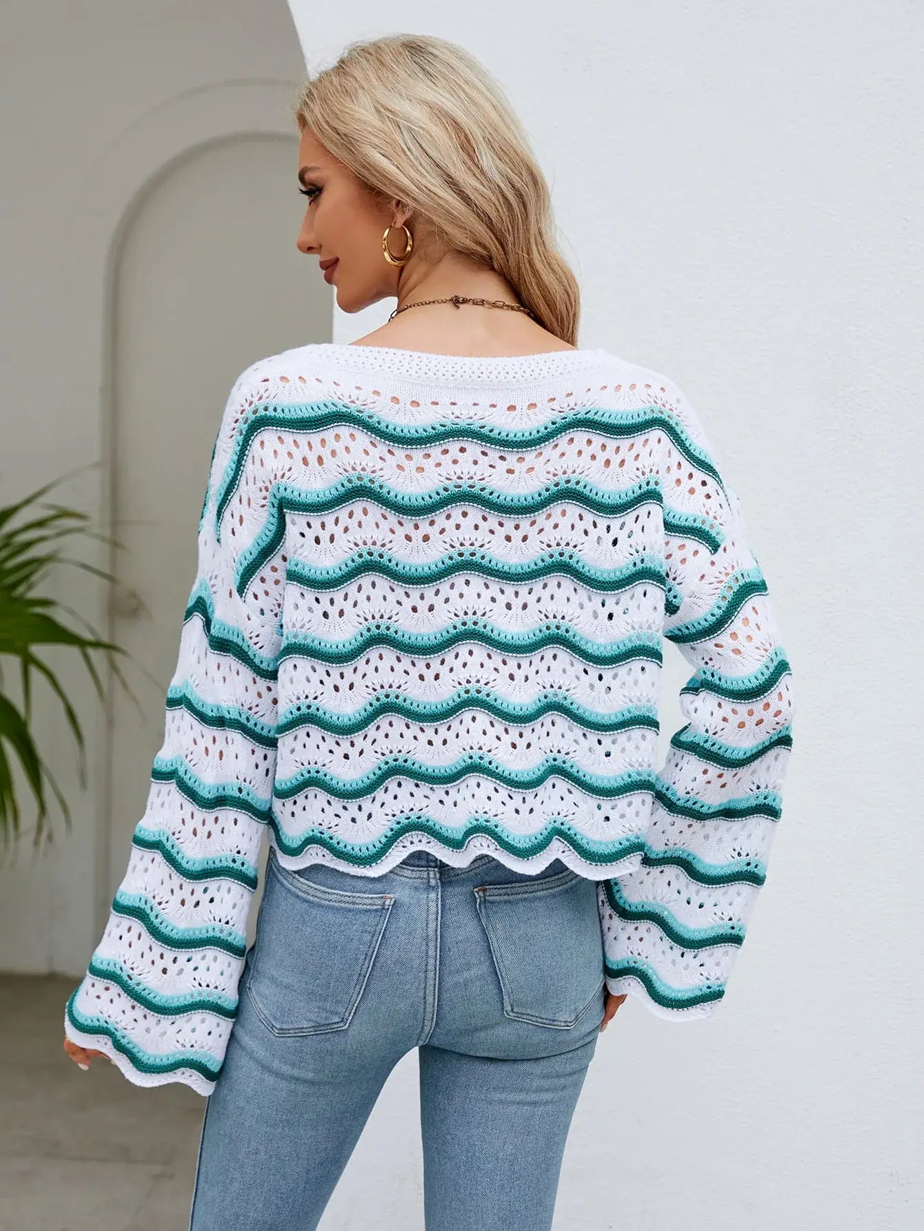 Round Neck Openwork Flare Sleeve Knit Top - Trendsi - Flyclothing LLC