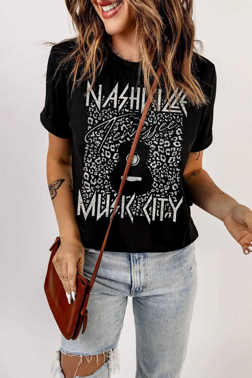Graphic Cuffed Sleeve Round Neck Tee - Trendsi - Flyclothing LLC