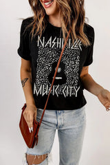 Graphic Cuffed Sleeve Round Neck Tee - Trendsi - Flyclothing LLC