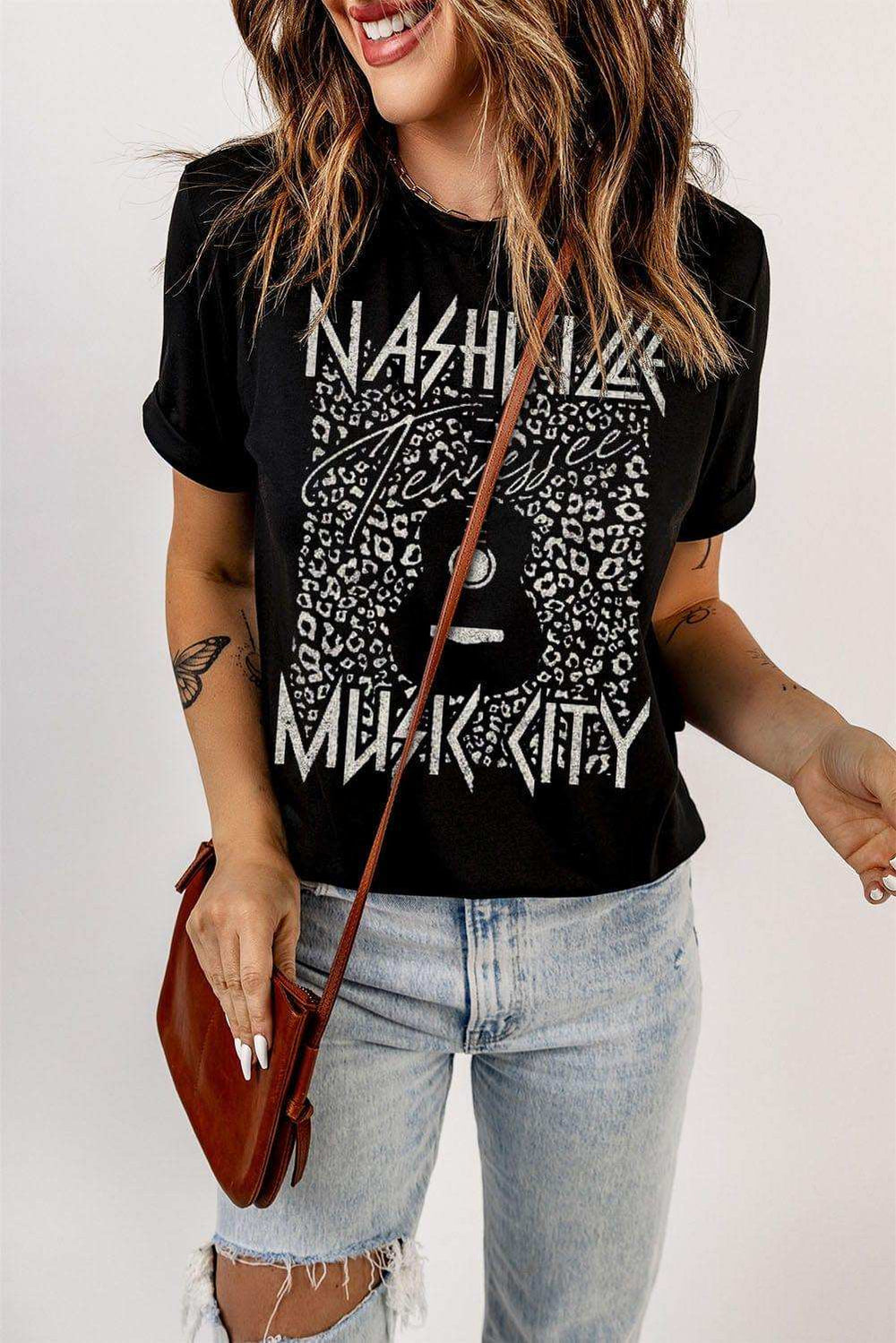 Graphic Cuffed Sleeve Round Neck Tee - Trendsi - Flyclothing LLC