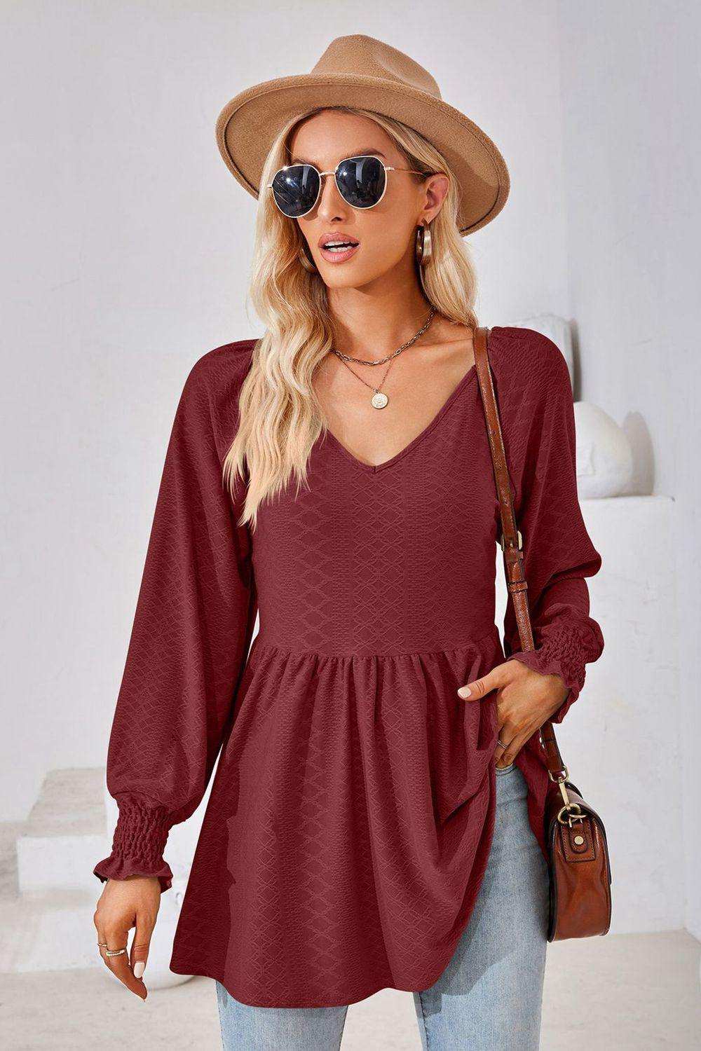 V-Neck Lantern Sleeve Blouse - Trendsi - Flyclothing LLC
