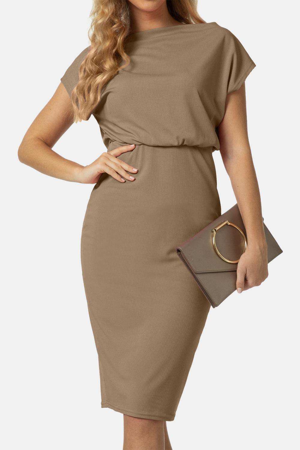 Boat Neck Short Sleeve Knee-Length Dress - Trendsi - Flyclothing LLC