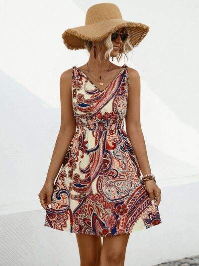 Smocked Printed V-Neck Mini Dress - Trendsi - Flyclothing LLC