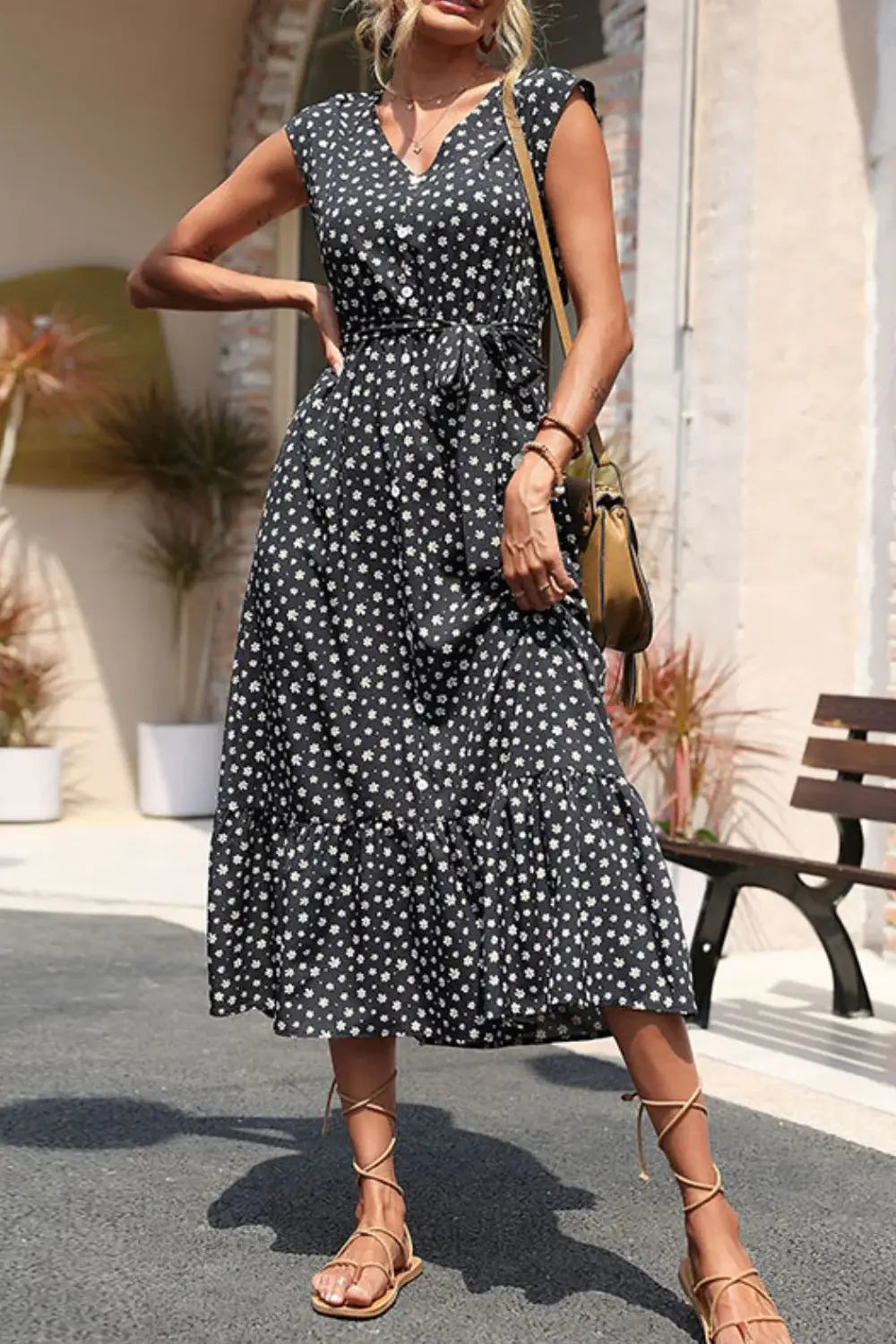 Floral Tie-Waist Ruffle Hem Dress - Trendsi - Flyclothing LLC