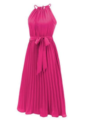 Pleated Spaghetti Strap Tie Waist Midi Dress - Trendsi