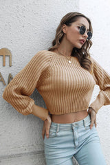 Cropped Round Neck Raglan Sleeve Ribbed Pullover Sweater - Trendsi