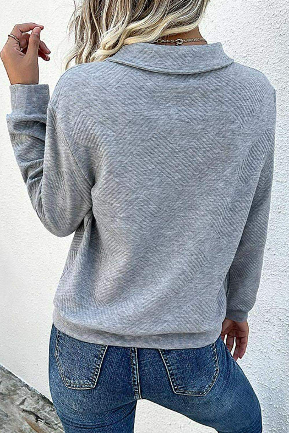 Contrast Ribbed Quarter-Snap Sweatshirt - Trendsi - Flyclothing LLC