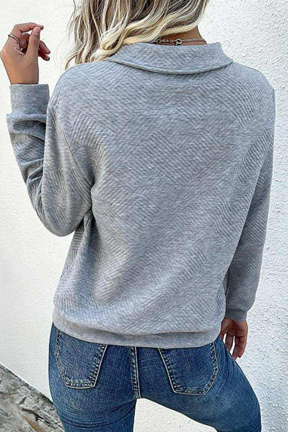 Contrast Ribbed Quarter-Snap Sweatshirt - Trendsi - Flyclothing LLC