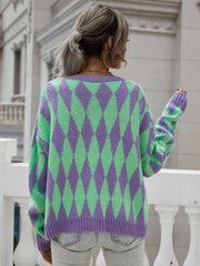 Argyle Button Front Drop Shoulder Cardigan - Trendsi