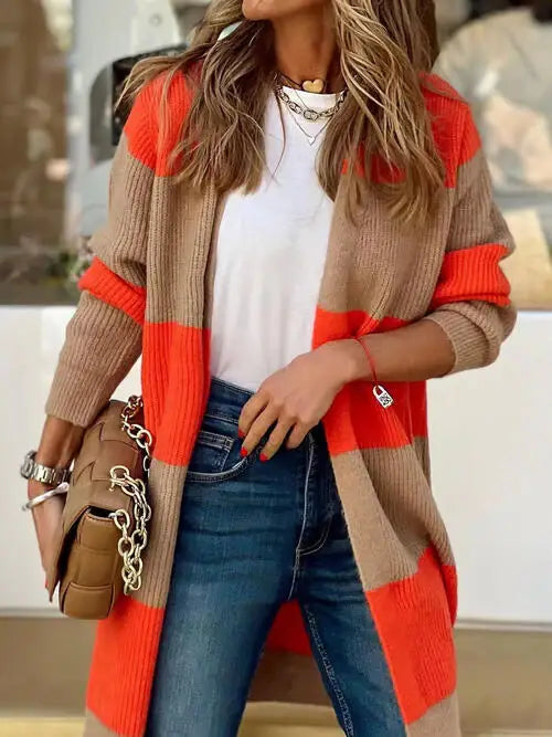 Contrast Open Front Long Sleeve Cardigan - Trendsi - Flyclothing LLC