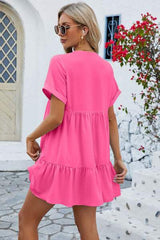 Ruched Tiered V-Neck Short Sleeve Mini Dress - Trendsi - Flyclothing LLC
