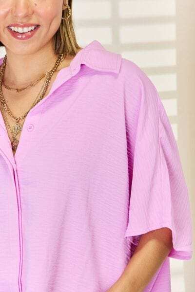 Zenana Texture Button Up Short Sleeve High-Low Shirt - Trendsi - Flyclothing LLC
