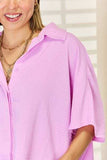 Zenana Texture Button Up Short Sleeve High-Low Shirt - Trendsi - Flyclothing LLC