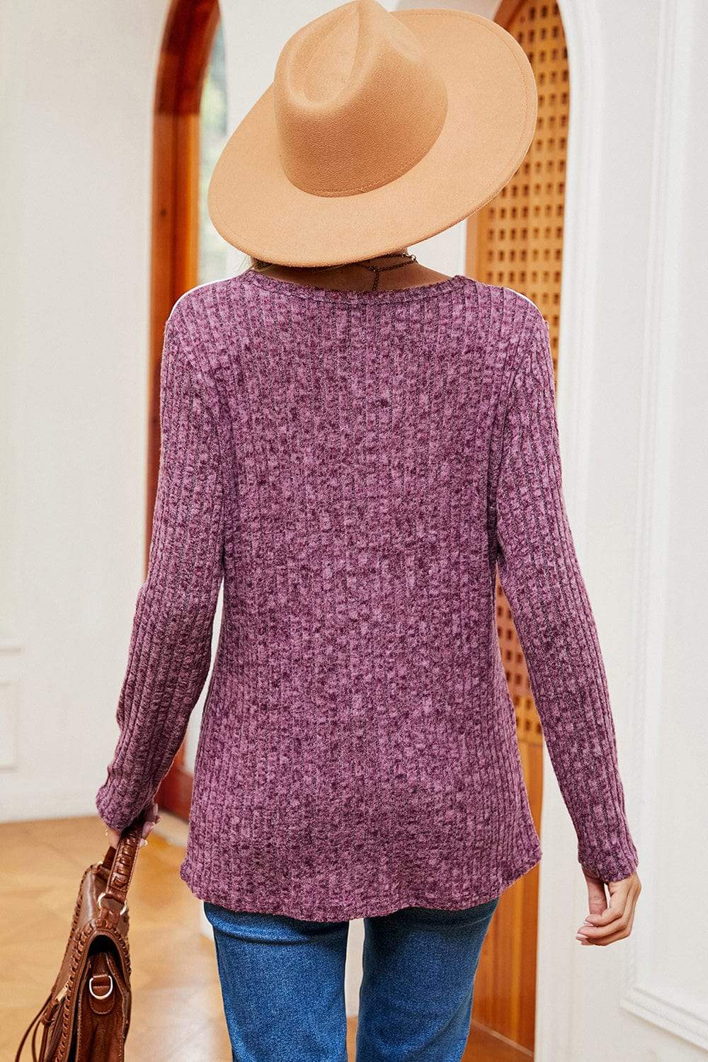 Eyelet Ribbed Round Neck Long Sleeve T-Shirt - Trendsi - Flyclothing LLC