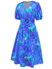 Ruched Printed Surplice Short Sleeve Dress - Trendsi