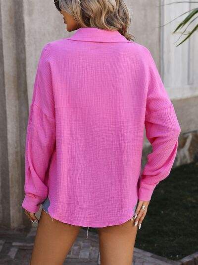 Textured Pocketed Button Up Dropped Shoulder Shirt - Trendsi - Flyclothing LLC