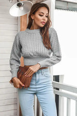 Round Neck Long Sleeve Cropped Sweater - Trendsi - Flyclothing LLC