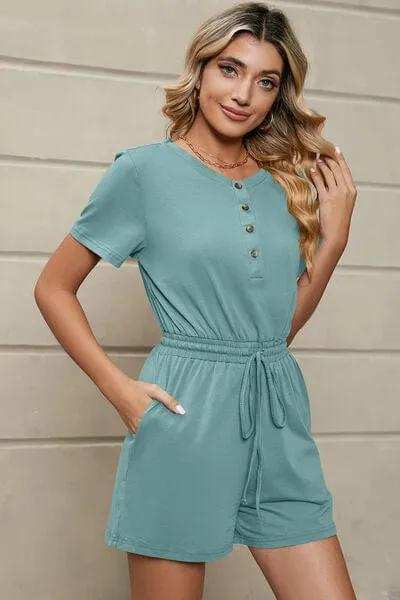 Drawstring Half Button Short Sleeve Romper - Trendsi - Flyclothing LLC