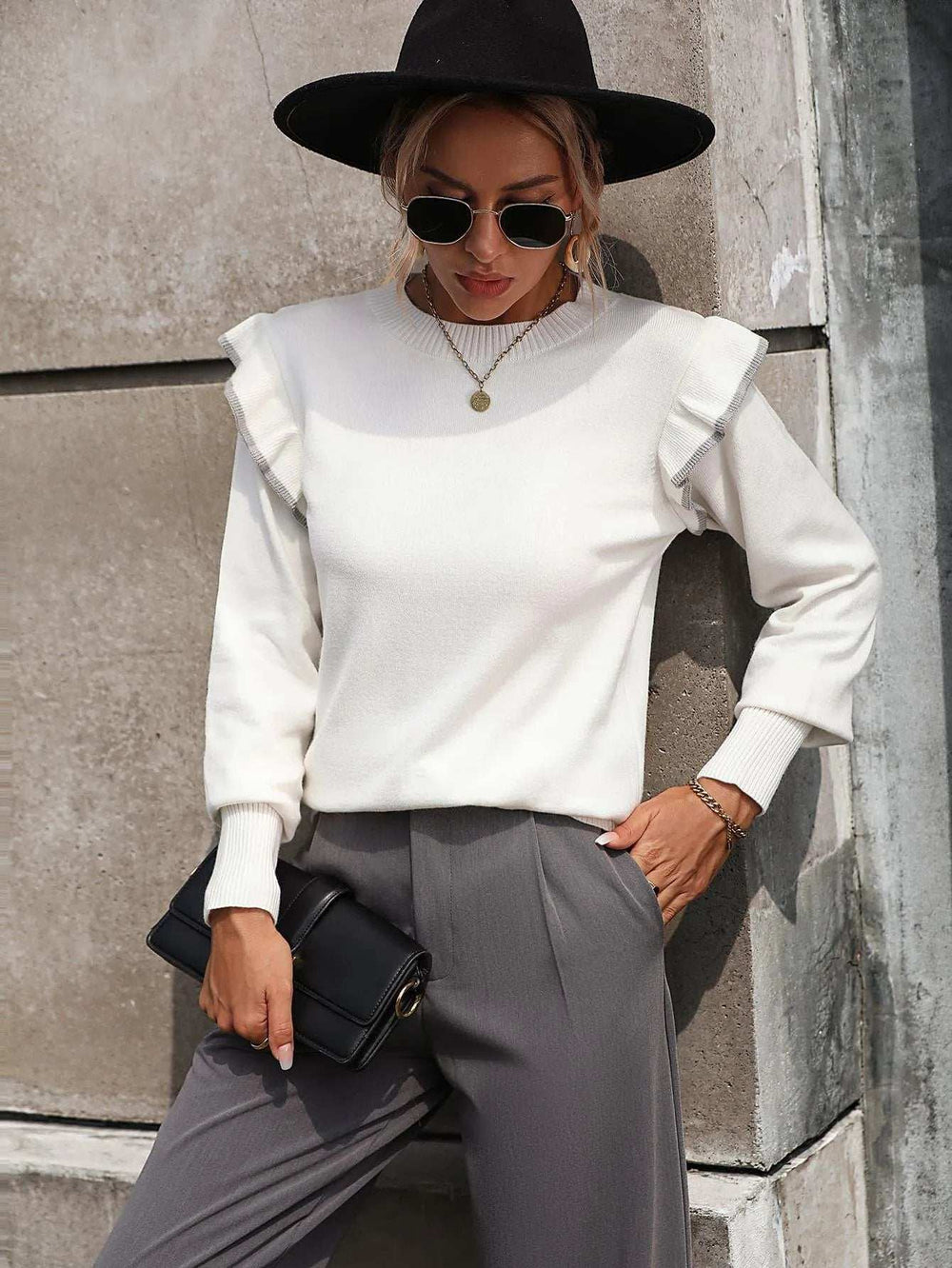 Round Neck Ruffle Trim Long Sleeve Pullover Sweater - Trendsi - Flyclothing LLC