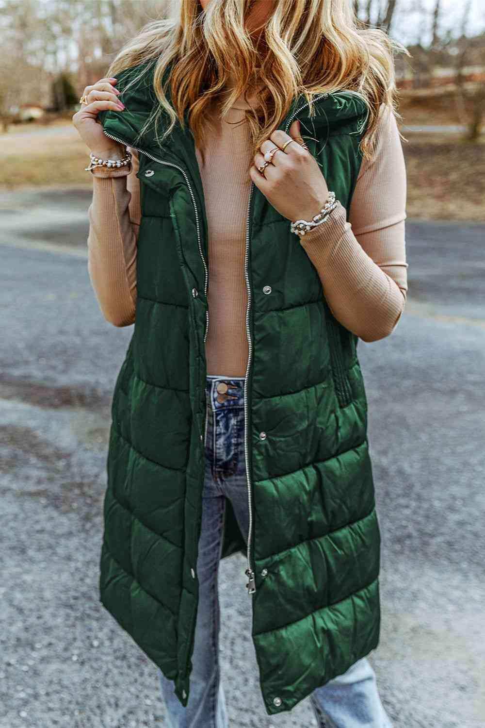 Longline Hooded Sleeveless Puffer Vest - Trendsi - Flyclothing LLC