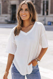 Waffle-Knit V-Neck Dropped Shoulder Blouse - Trendsi - Flyclothing LLC