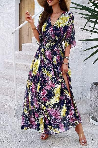Printed Tied Half Sleeve Slit Dress - Trendsi - Flyclothing LLC