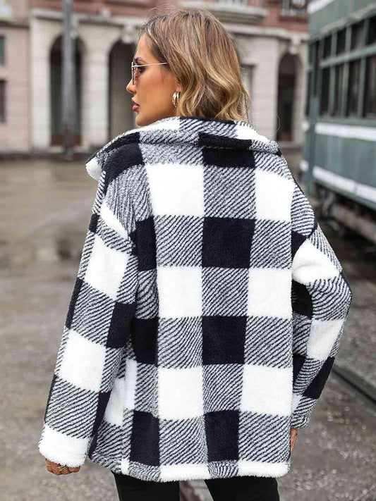 Plaid Collared Neck Button Down Jacket - Trendsi